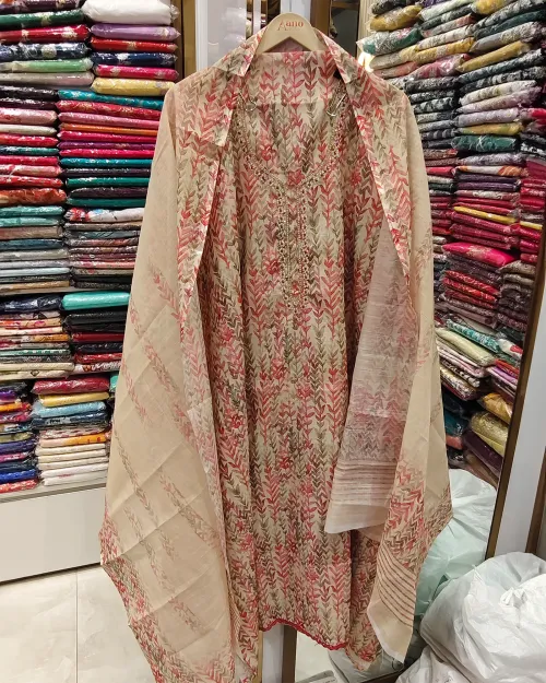 Cream & Peach Chanderi Cotton Unstitched Suit Set