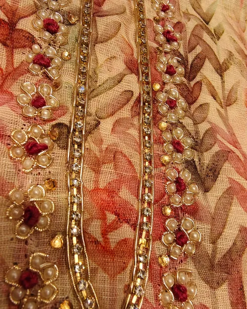 Cream & Peach Chanderi Cotton Unstitched Suit Set