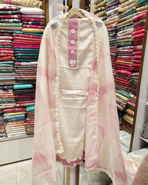 White & Pink Color Cotton Unstitched Suit Set