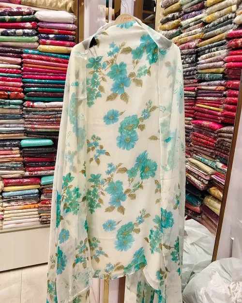 White & Ice Blue Chiffon Unstitched Suit Set