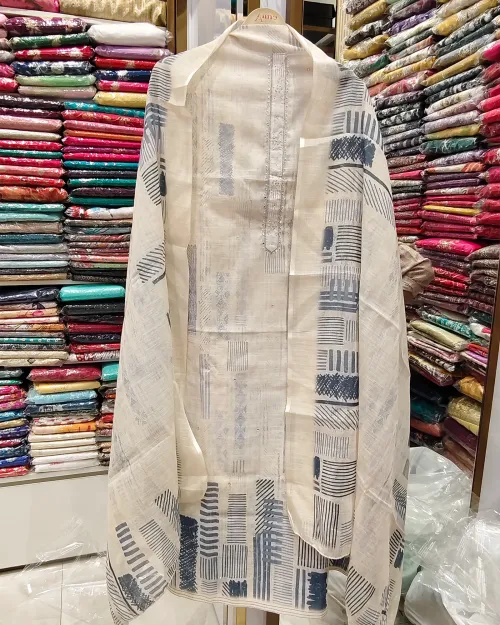 White Colour Chanderi Cotton Unstitched Suit Set