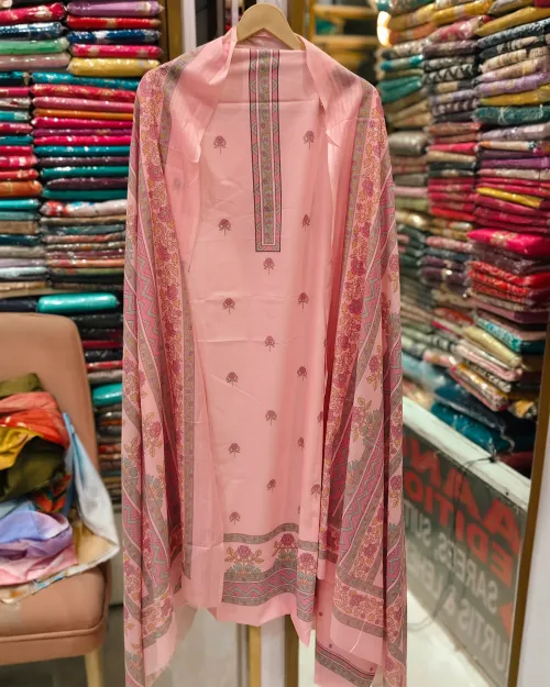 Pink Color Muslin Silk Unstitched Suit Set