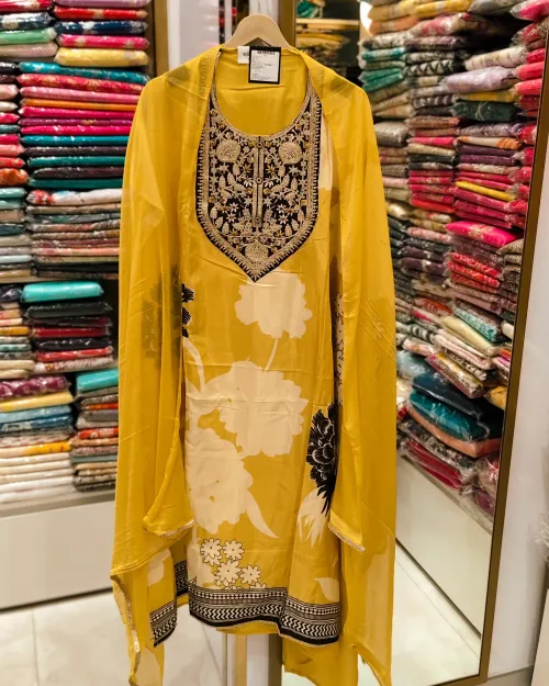 Yellow Colour Cotton Unstitched Suit Set