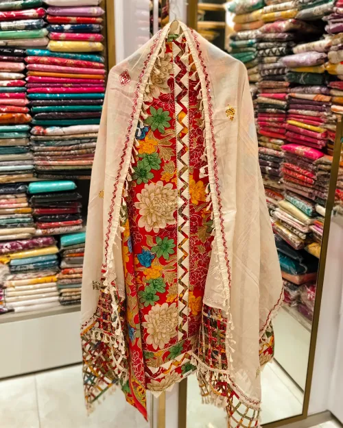 Red Colour Cotton Unstitched Suit Set