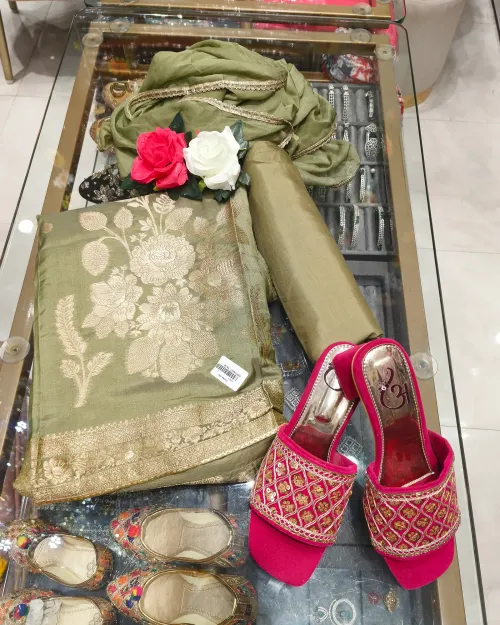 Green Colour Silk Unstitched Suit Set