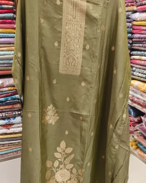 Green Colour Silk Unstitched Suit Set