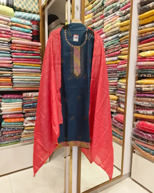 Dark Blue Mix Cotton Unstitched Suit Set