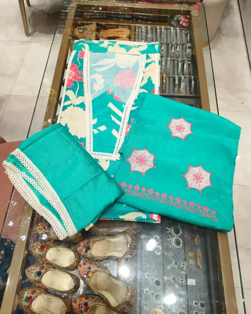 Green Colour Cotton Unstitched Suit Set
