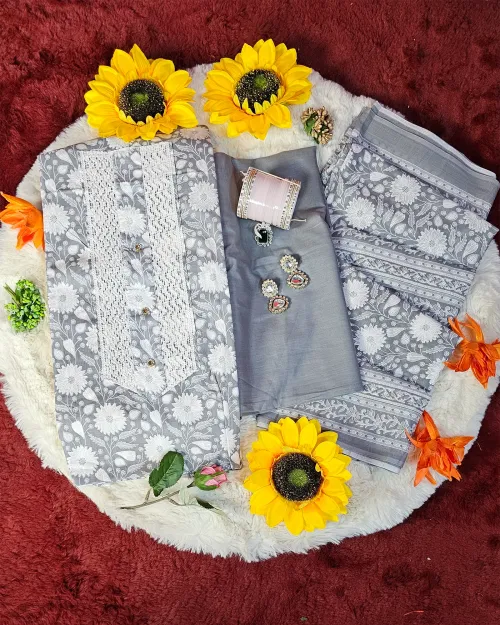 Grey Casual Wear Cotton Suit Set