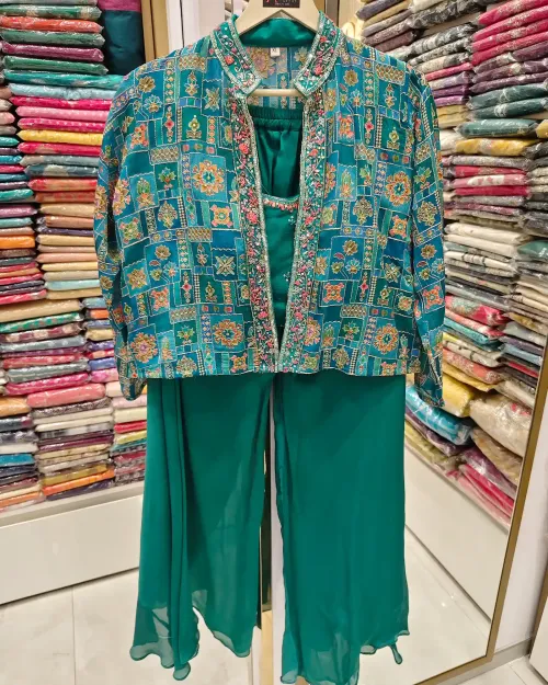 Rama Green Crop Top And Palazzo Set With Shrug