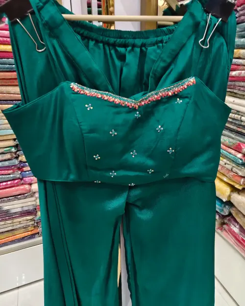 Rama Green Crop Top And Palazzo Set With Shrug