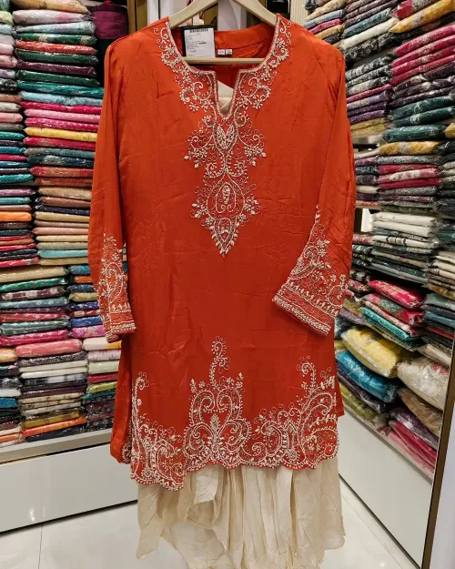 Elegant Orange Chiffon Kurta with Cream Dhoti Palazzo
