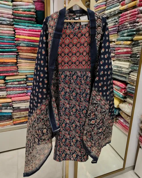 Blue Printed Cotton unstitched Suit Set with Dupatta
