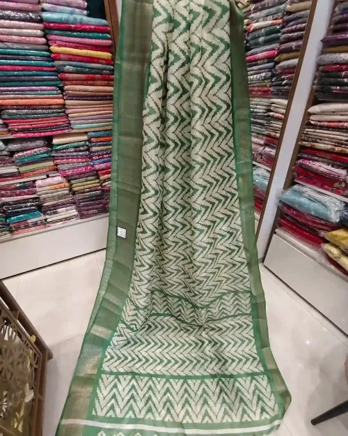 Light Green & White Chanderi Cotton Lahariya Saree