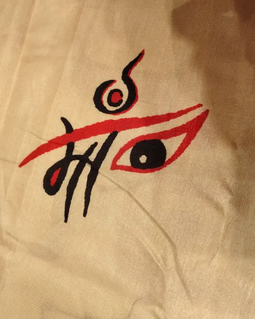 Cream & Red Cotton Silk Saree with Durga Print