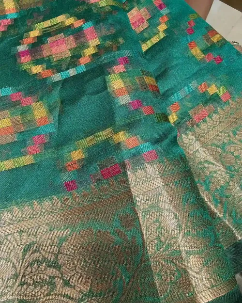 Bottle Green Chanderi Silk Saree with Multicolor