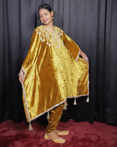 Mustard Color Gota Patti Work Velvet Kaftan