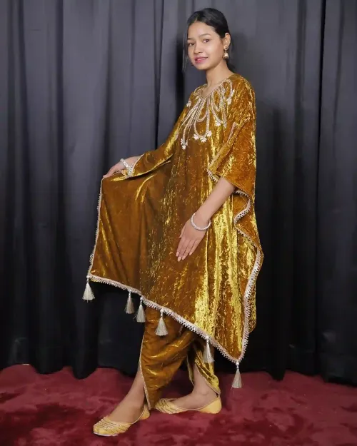 Mustard Color Gota Patti Work Velvet Kaftan