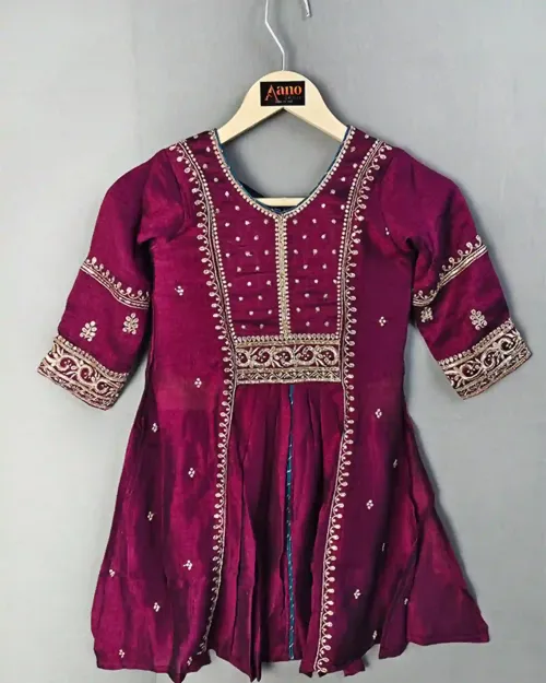 Purple Zari Work Anarkali Short For Kids
