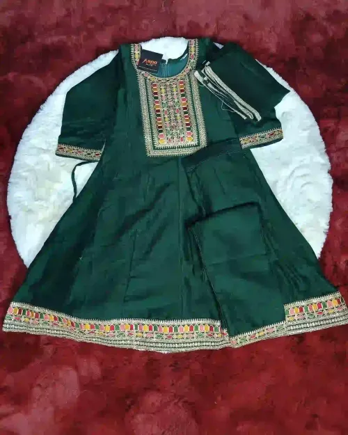 Bottle Green Kids Anarkali Suit with Heavy Zari Work
