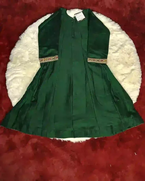 Bottle Green Kids Anarkali Suit with Heavy Zari Work