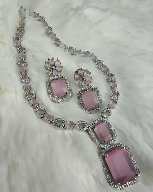 Pink American Diamond Necklace Set