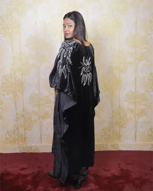 Black Color Silver Zari Work Velvet Suit