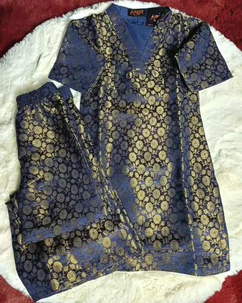 Navy Blue Kids Western Suit in Banarasi Weaving