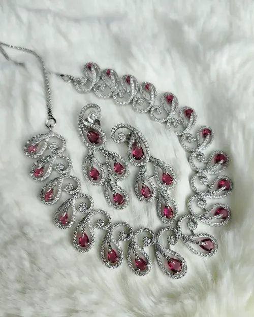 Pink American Diamond Necklace Set